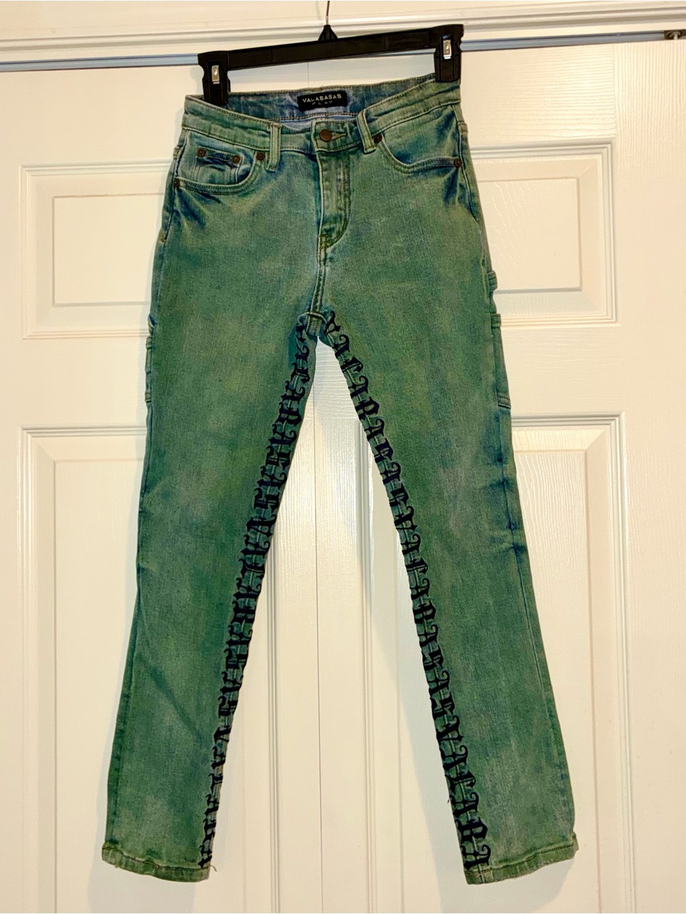 Valabasas Designer Green/Blue Jeans with Black Embroidered Trim